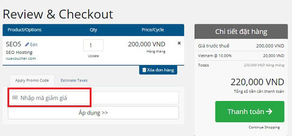nhập mã coupon vhost