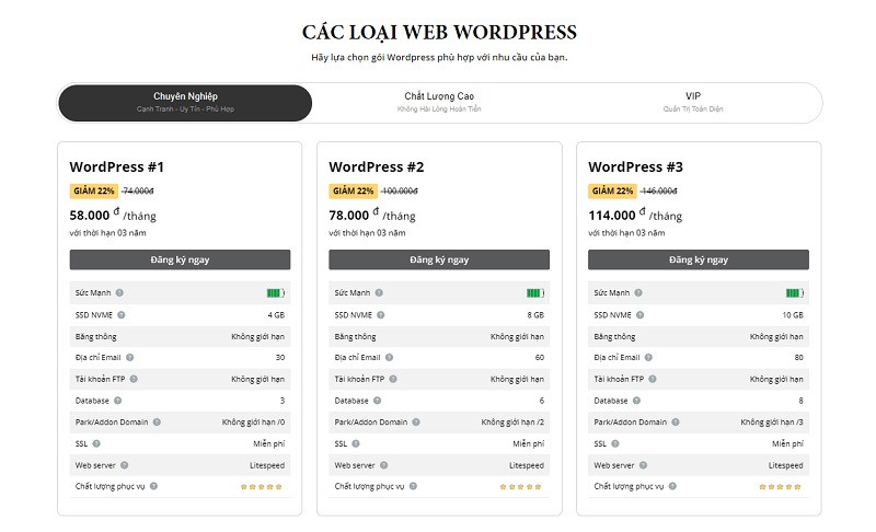 Các gói Hosting WordPress ở PAVietNam