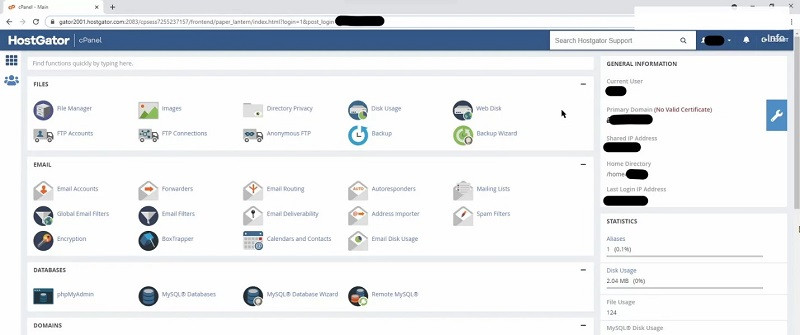 cPanel dashboard của HostGator